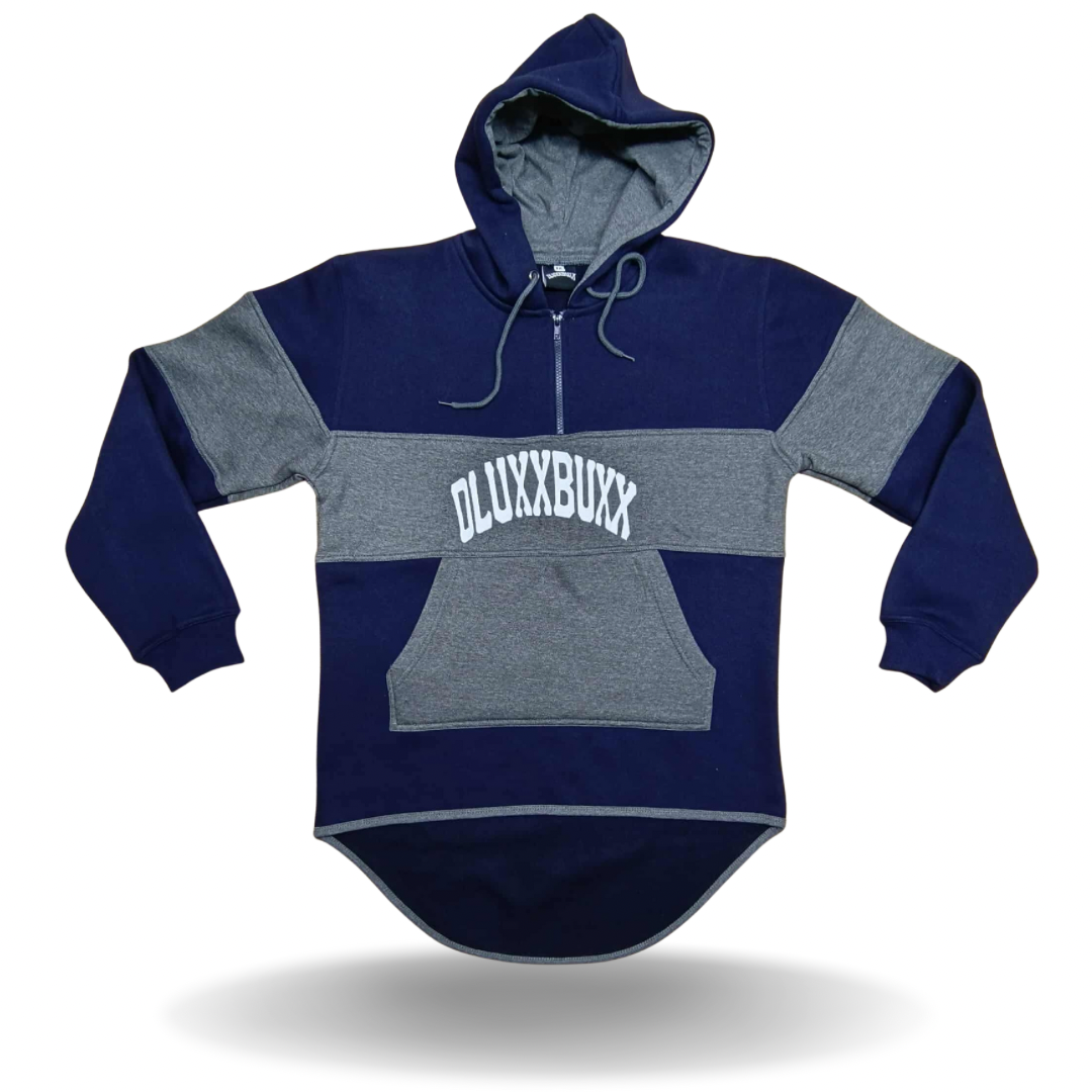 Grey and navy blue Te Māhana drop tail dluxxbuxx hoodie