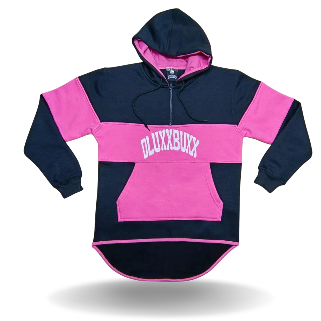 Pink and black Te Māhana drop tail dluxxbuxx hoodie
