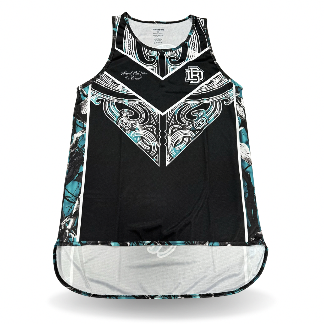 Teal Camo kaha Dluxxbuxx drop tail singlet